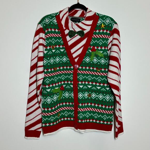 Ugly Christmas Sweater Unisex Sweater Faux Cardigan with Bowtie Sz L - Picture 1 of 9
